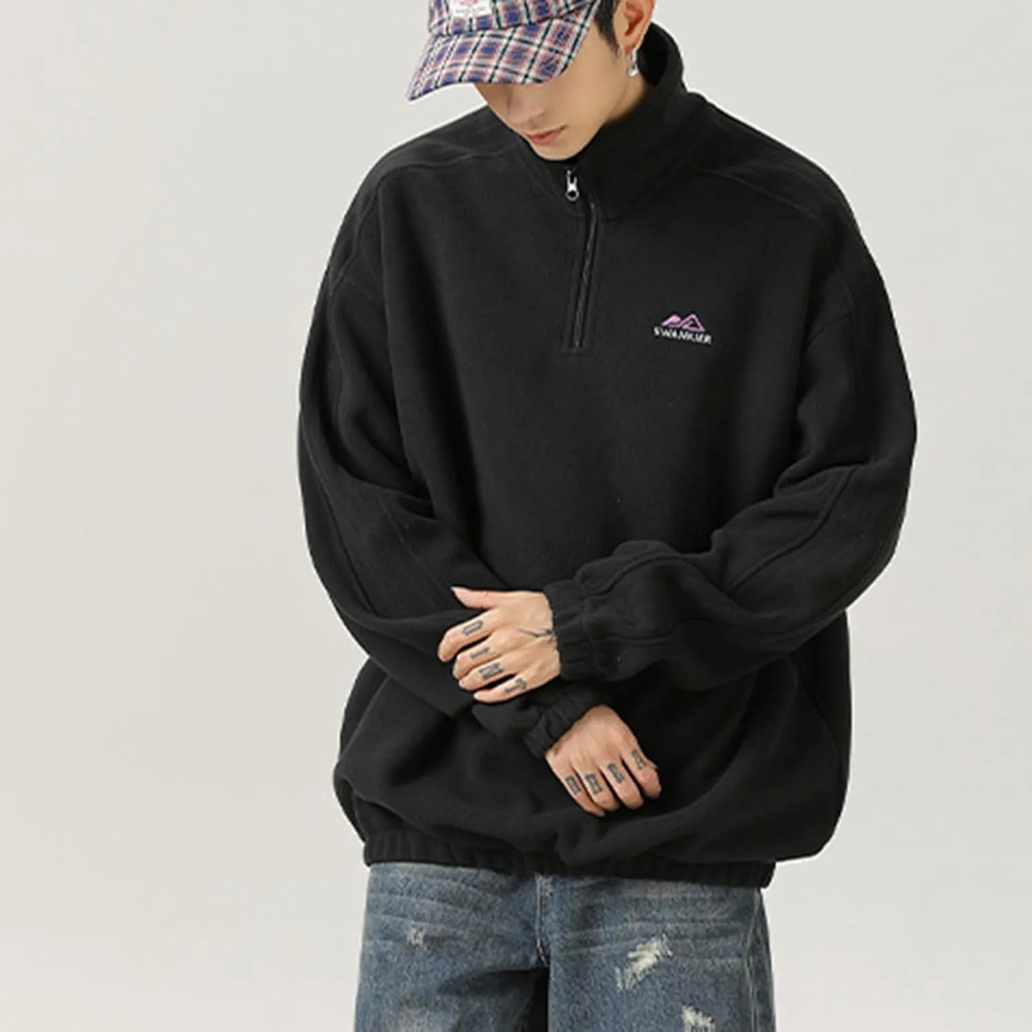 Mens 1/4 Zipper Fleece Sherpa Pullover Sweatshirt Classic Solid Color Vintage Warm Fall Winter Unisex Hoodie Outwear