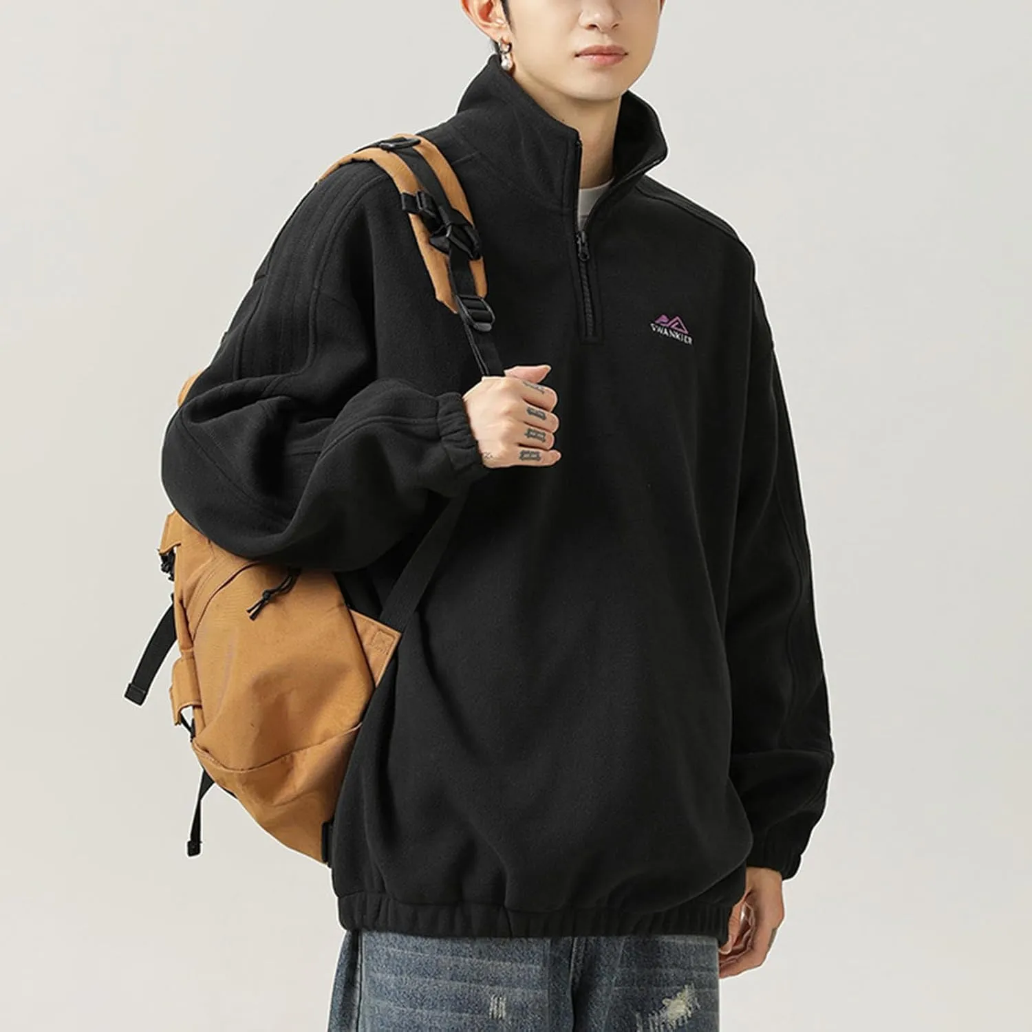 Mens 1/4 Zipper Fleece Sherpa Pullover Sweatshirt Classic Solid Color Vintage Warm Fall Winter Unisex Hoodie Outwear