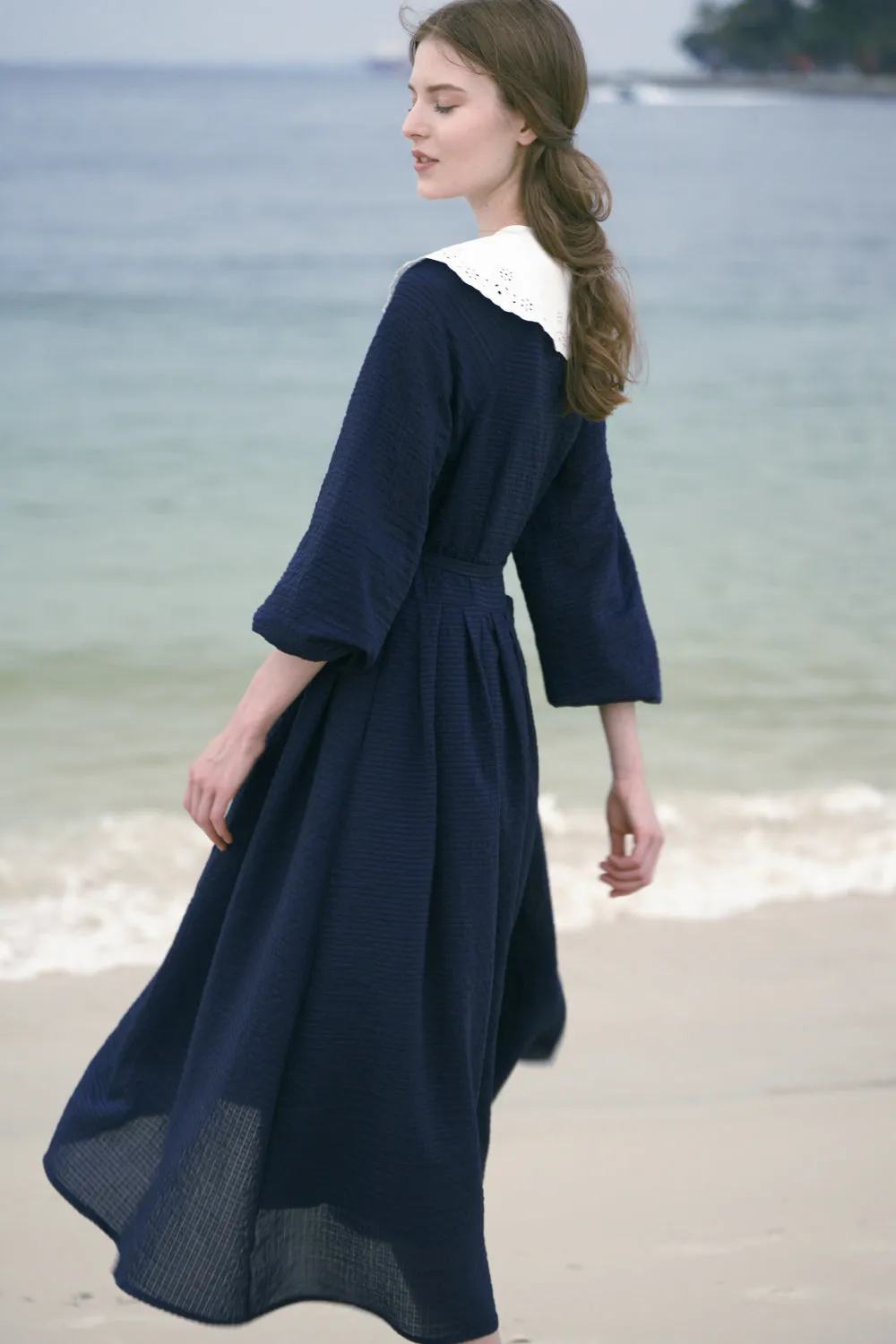Parachute Sleeves Button Down Midi Dress (Navy)