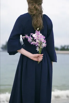 Parachute Sleeves Button Down Midi Dress (Navy)