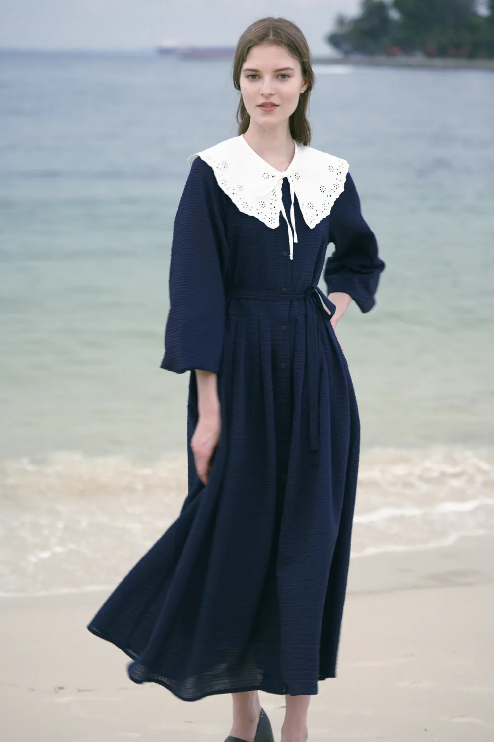 Parachute Sleeves Button Down Midi Dress (Navy)