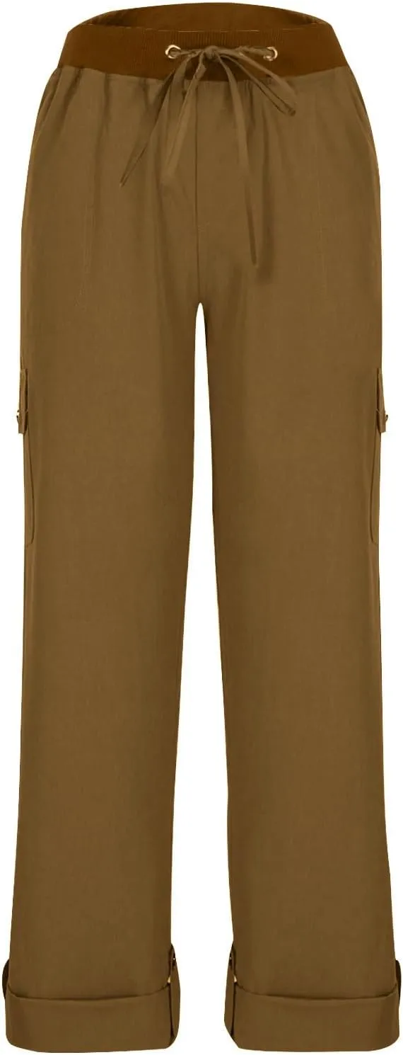 Women Cargo Pants - Straight Wide Leg Trousers with Pockets High Waist Slim Fit Sweatpants Lightweight Buckle Joggers