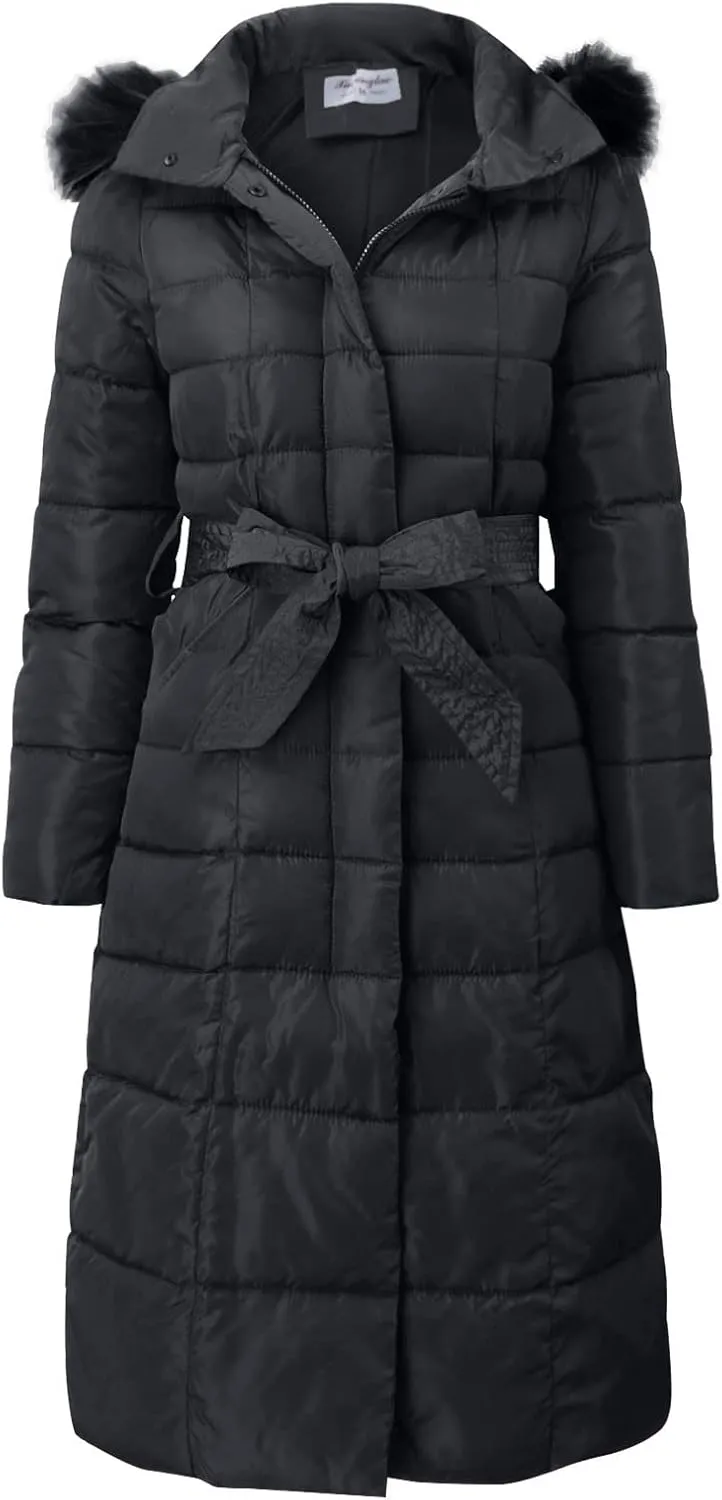 Womens Fashion Elegant Puffer Jacket Oversized Hooded Down Coat with Belt Casual Long Sleeve Outing Quilted Outwear