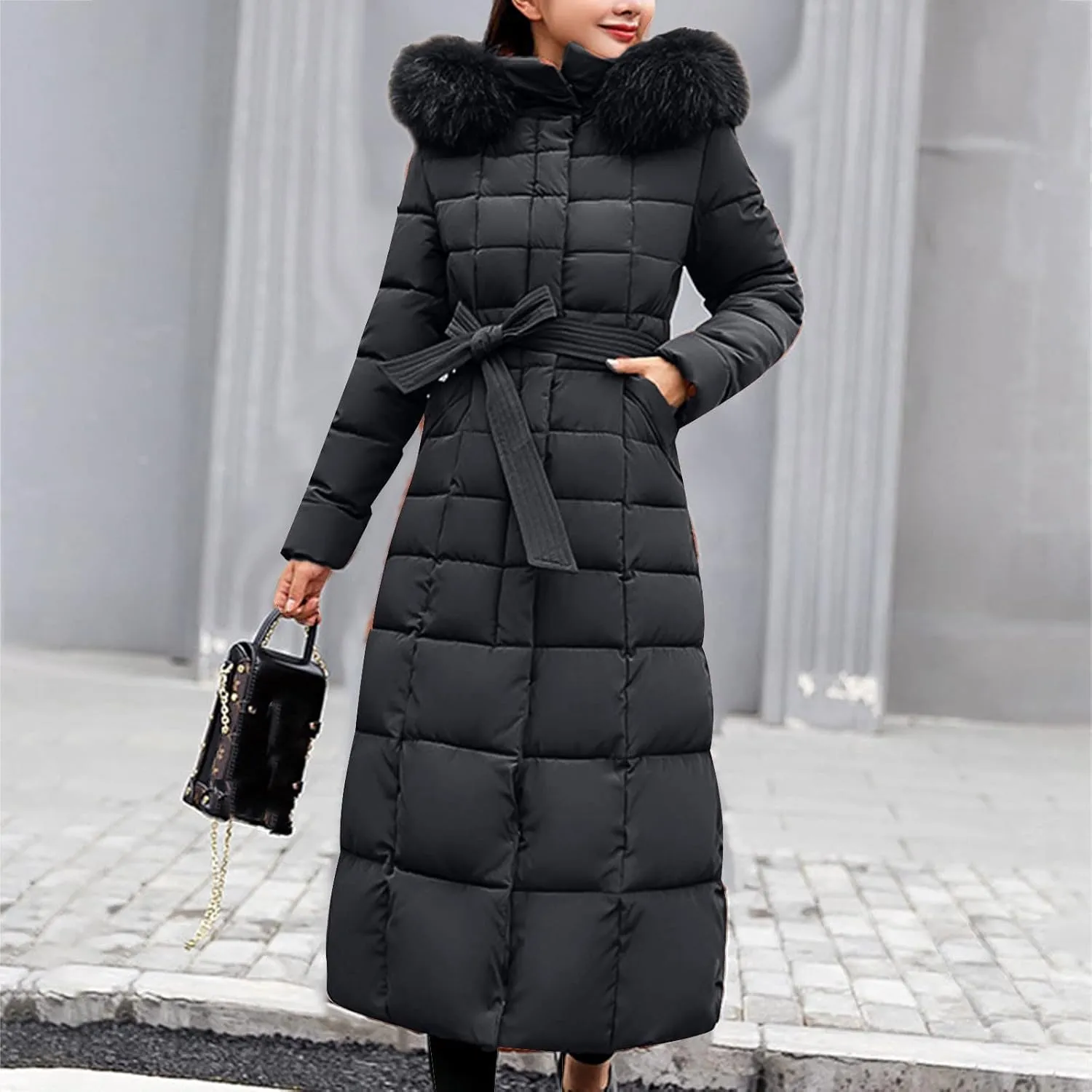 Womens Fashion Elegant Puffer Jacket Oversized Hooded Down Coat with Belt Casual Long Sleeve Outing Quilted Outwear