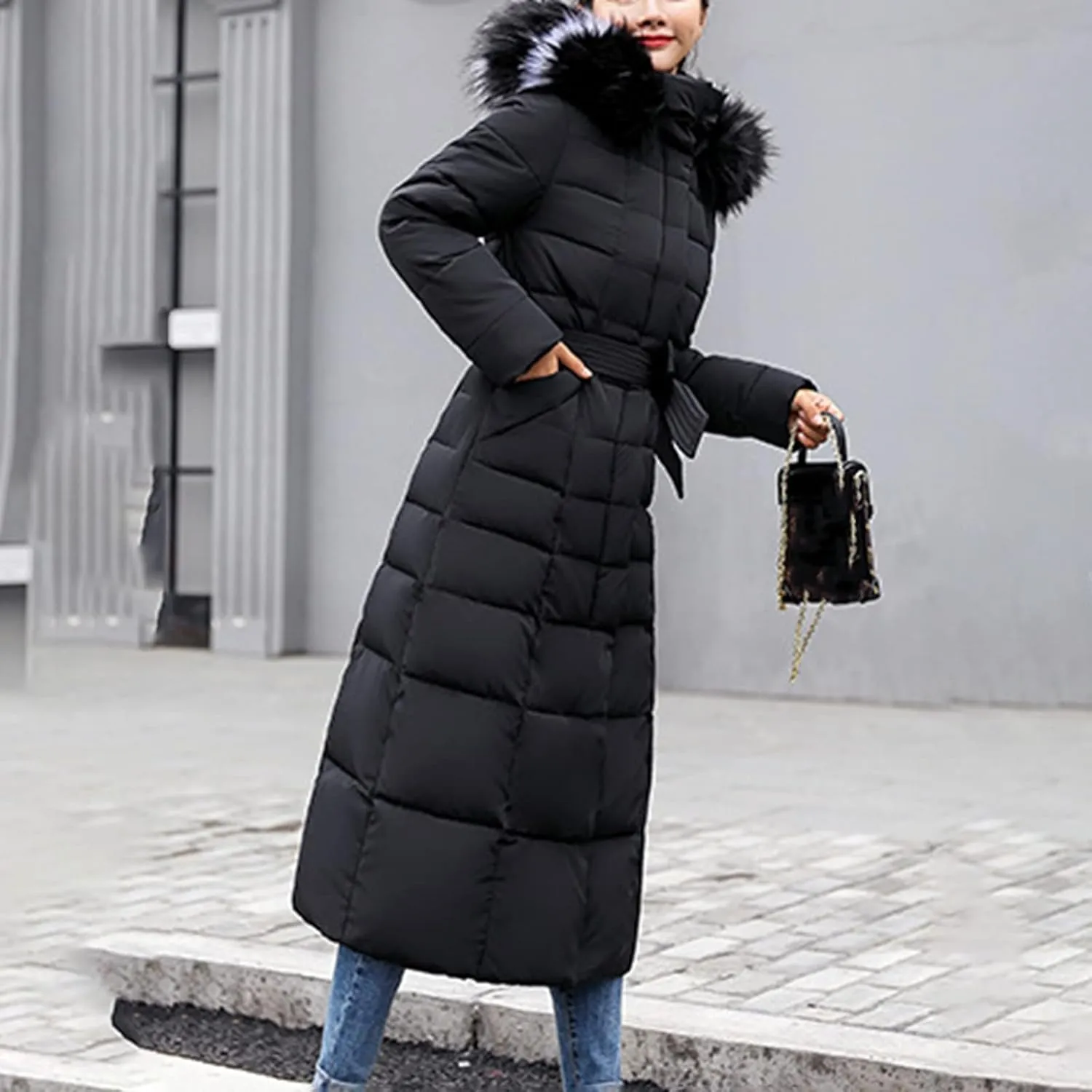 Womens Fashion Elegant Puffer Jacket Oversized Hooded Down Coat with Belt Casual Long Sleeve Outing Quilted Outwear