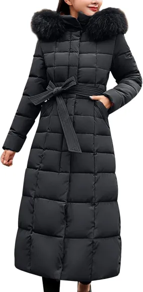 Womens Fashion Elegant Puffer Jacket Oversized Hooded Down Coat with Belt Casual Long Sleeve Outing Quilted Outwear