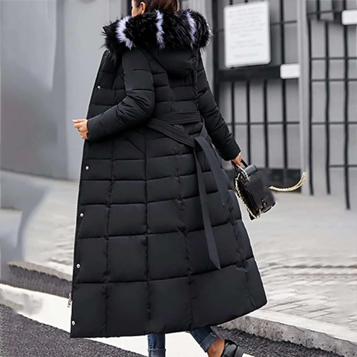 Womens Fashion Elegant Puffer Jacket Oversized Hooded Down Coat with Belt Casual Long Sleeve Outing Quilted Outwear