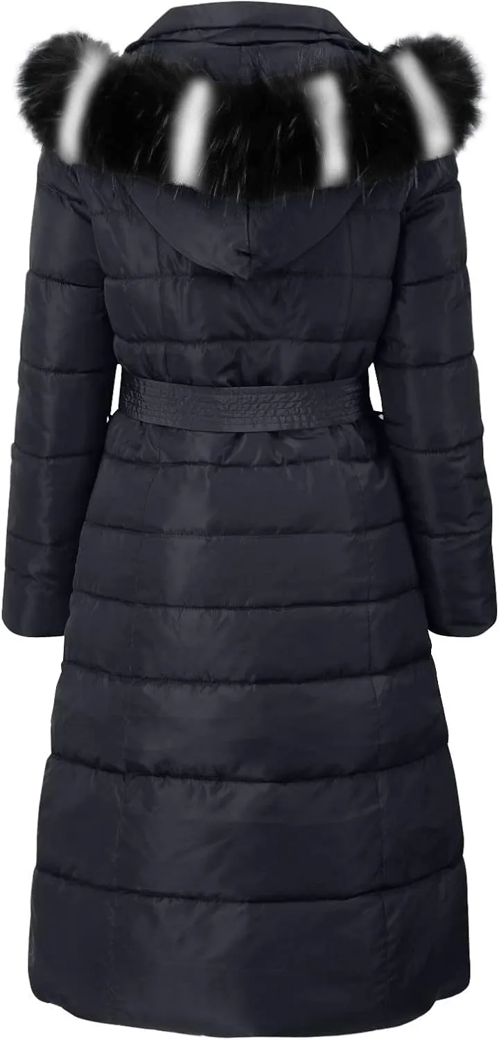Womens Fashion Elegant Puffer Jacket Oversized Hooded Down Coat with Belt Casual Long Sleeve Outing Quilted Outwear