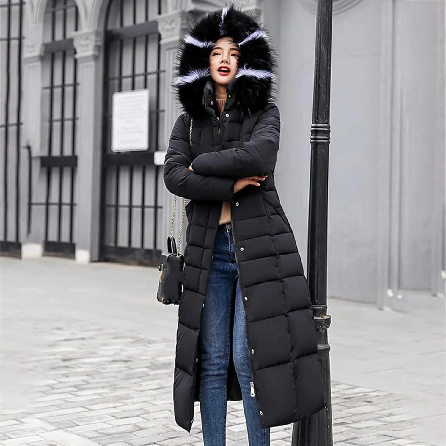 Womens Fashion Elegant Puffer Jacket Oversized Hooded Down Coat with Belt Casual Long Sleeve Outing Quilted Outwear