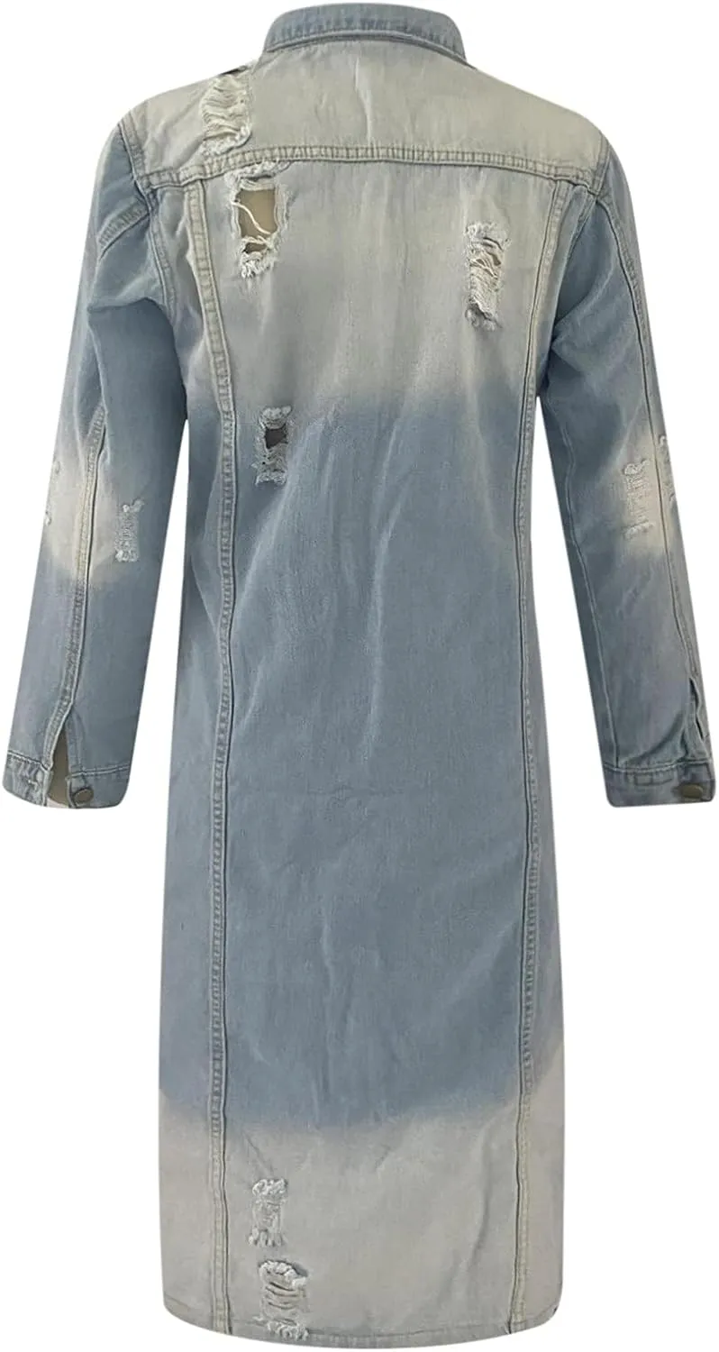 Women's Long Double Breasted Denim Jacket Oversized Button Down Maxi Jean Coat Classic Lapel Outercoat