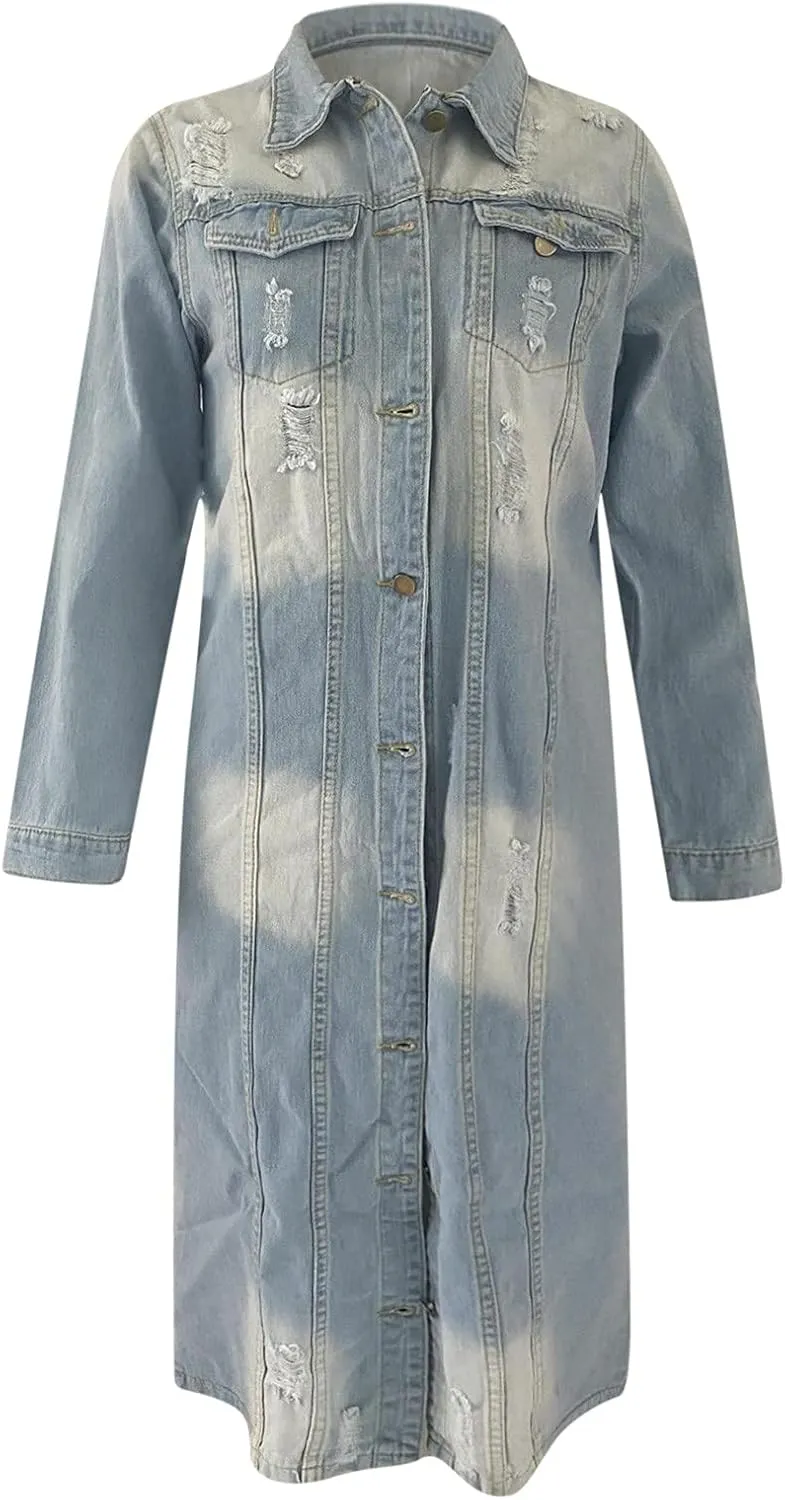 Women's Long Double Breasted Denim Jacket Oversized Button Down Maxi Jean Coat Classic Lapel Outercoat