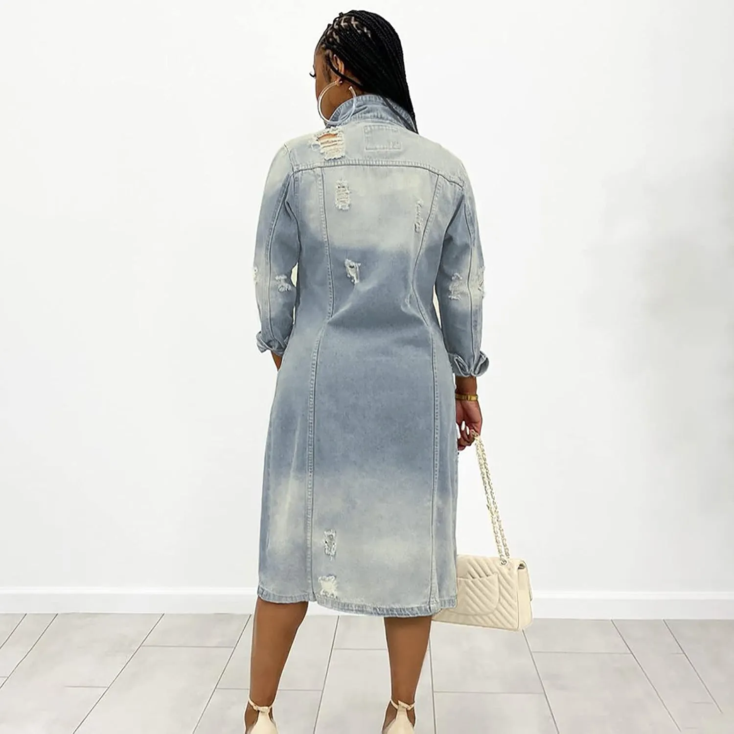 Women's Long Double Breasted Denim Jacket Oversized Button Down Maxi Jean Coat Classic Lapel Outercoat