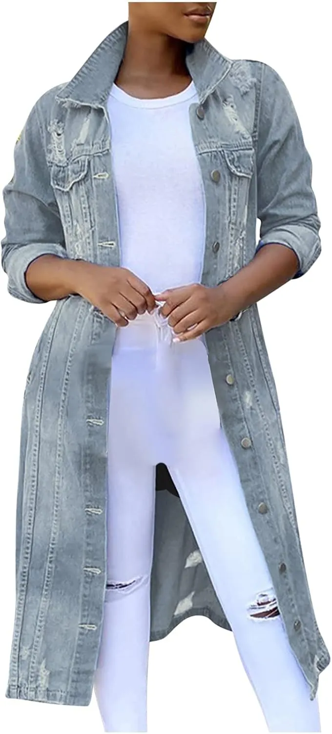 Women's Long Double Breasted Denim Jacket Oversized Button Down Maxi Jean Coat Classic Lapel Outercoat