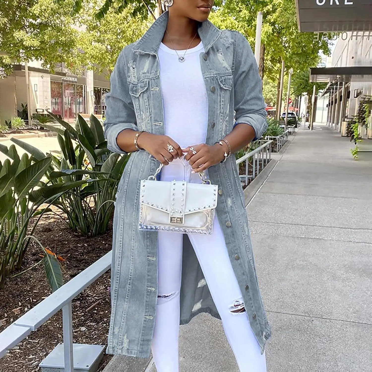Women's Long Double Breasted Denim Jacket Oversized Button Down Maxi Jean Coat Classic Lapel Outercoat