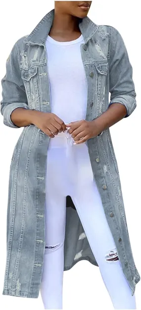 Women's Long Double Breasted Denim Jacket Oversized Button Down Maxi Jean Coat Classic Lapel Outercoat